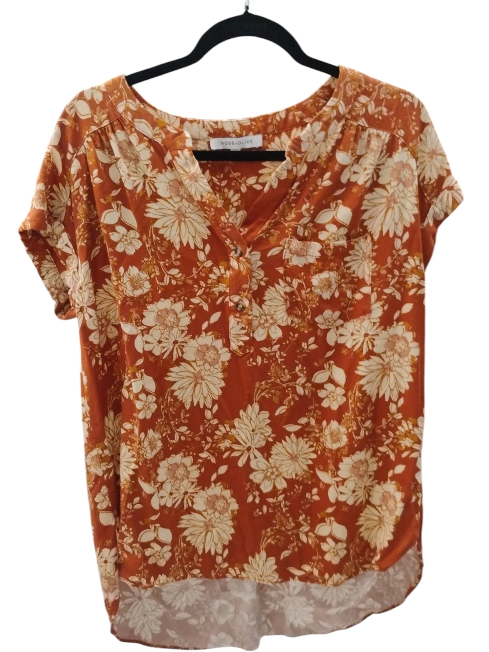 Rose & Olive Burnt Orange Floral V-Neck Short Sleeve Blouse SZ L